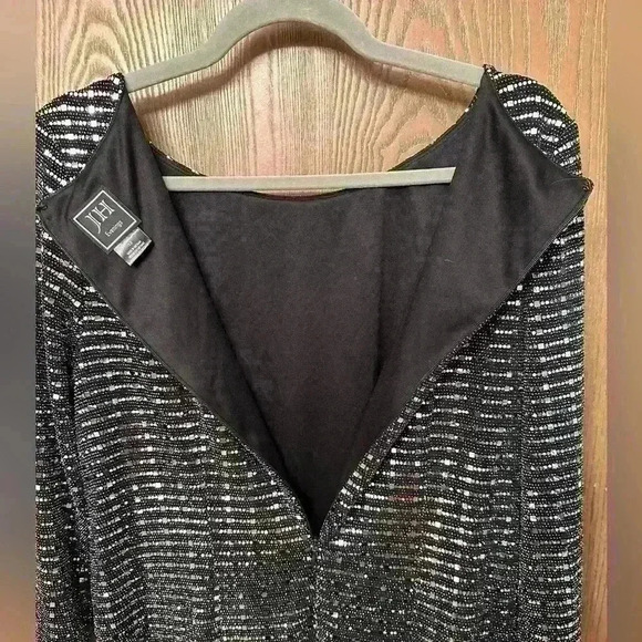 JH Evenings Black Stretch Silver Glitter Long Sleeve Dress Size 12 - Sparkles - Picture 5 of 7